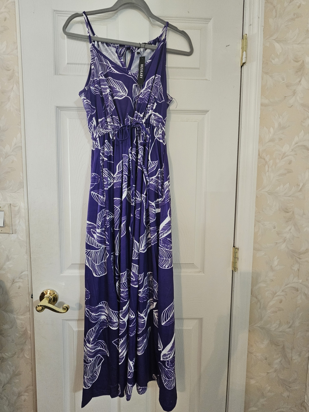 Purple Leaf-Print Maxi Dress with Adjustable Drawstring Waist
